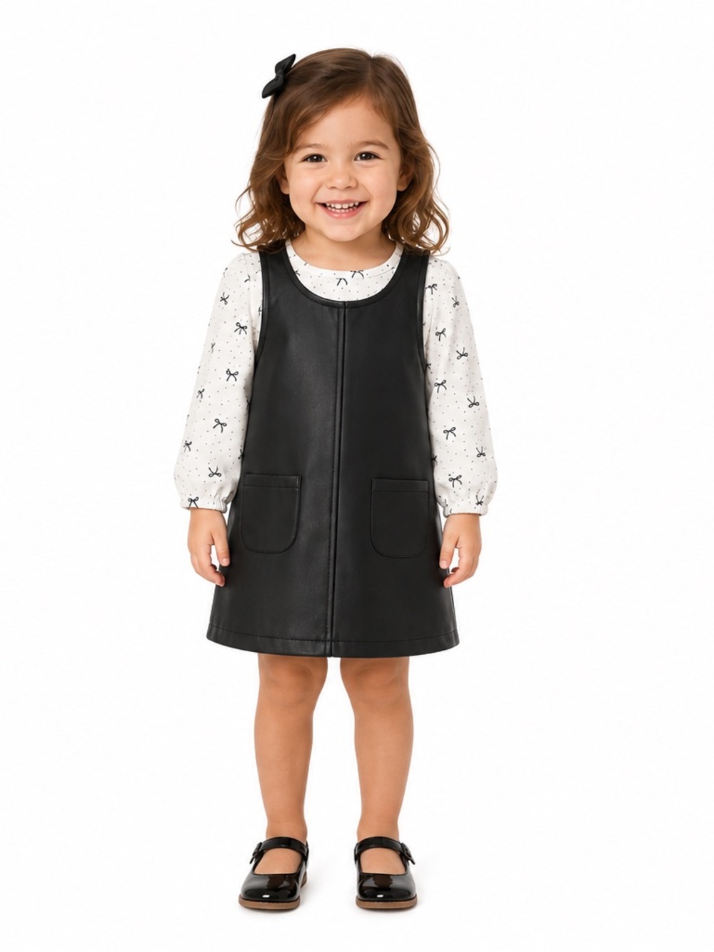 NEW - Rachel Zoe Girls Black Faux Leather Jumper Dress & Bow Top Size 3T